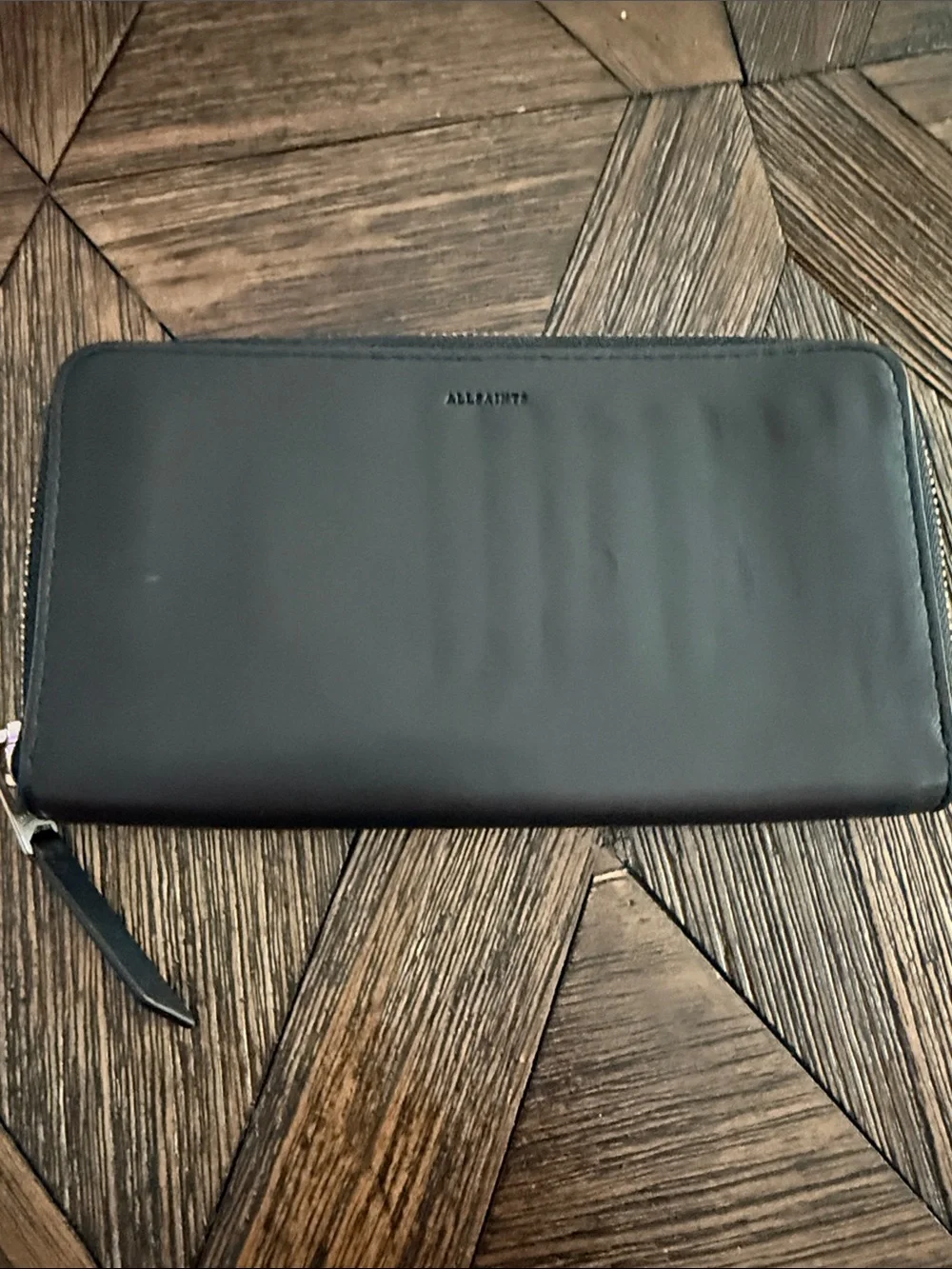 AllSaints Black Leather Zip-Around Wallet Organizer w/ Tote Attachment Grommets